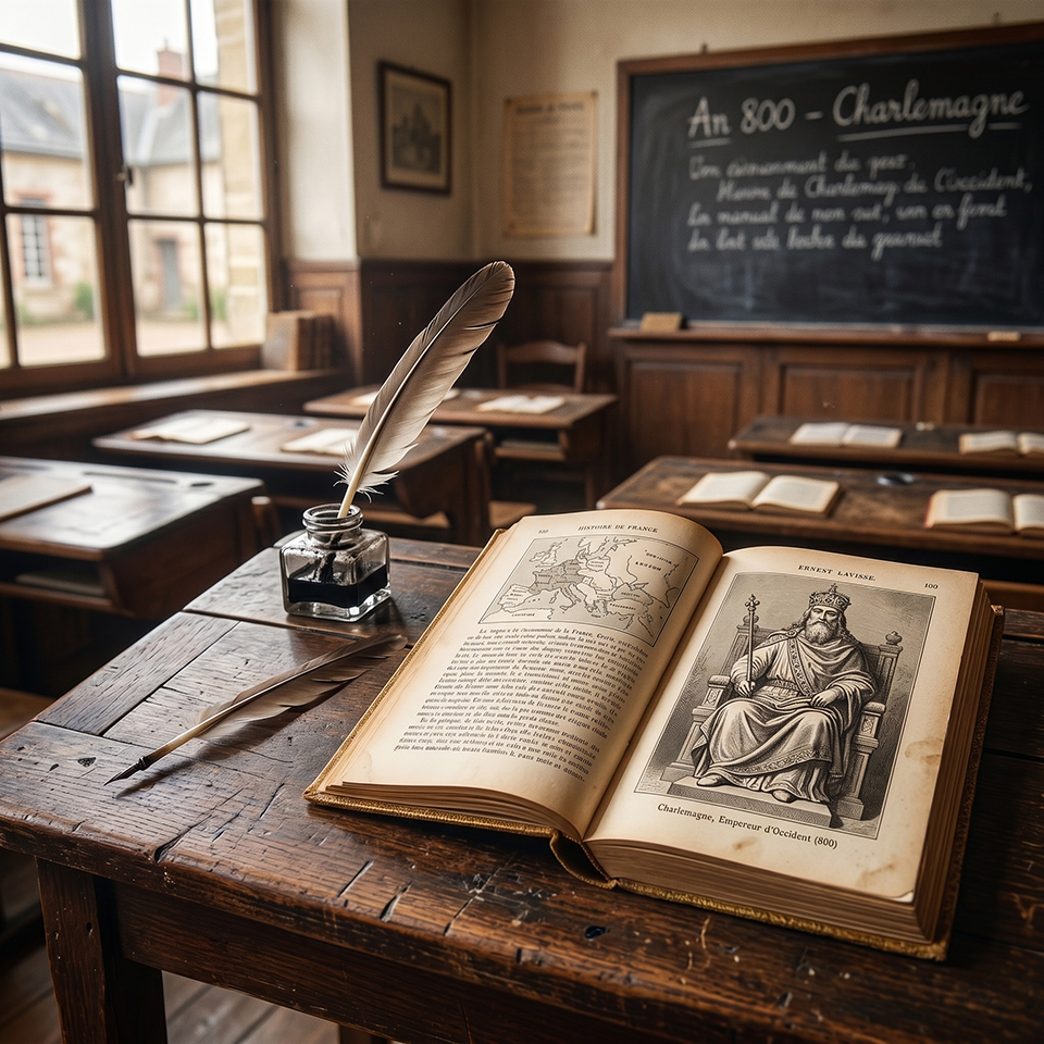 Un bureau d'écolier du XIXe siècle avec le portrait de Charlemagne dans un manuel scolaire
