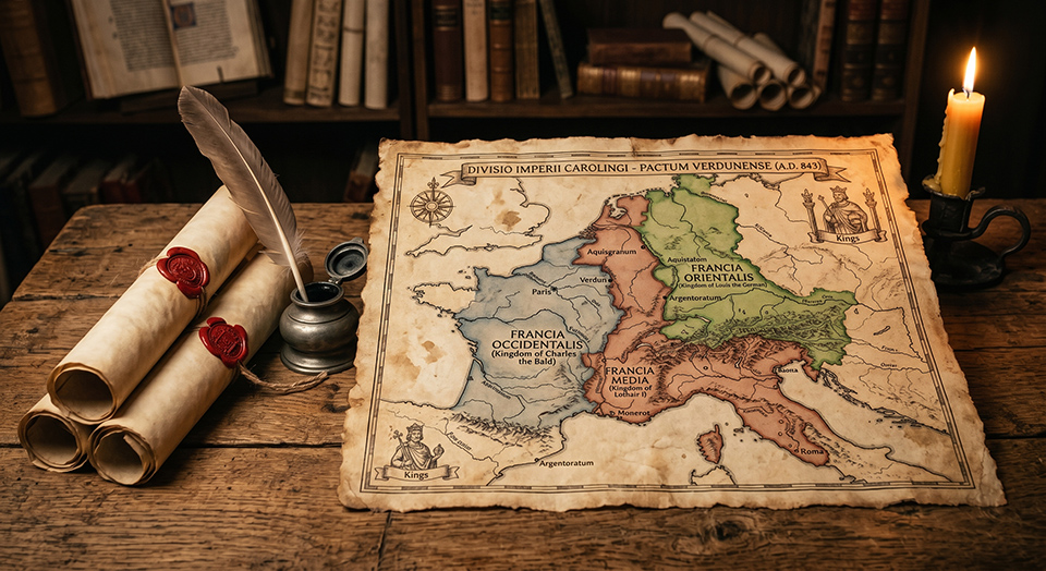 Carte représentant le partage de l'Empire carolingien en 843 (Traité de Verdun)