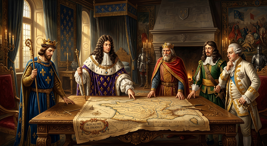 Tableau à l'huile montrant plusieurs rois de france Louis