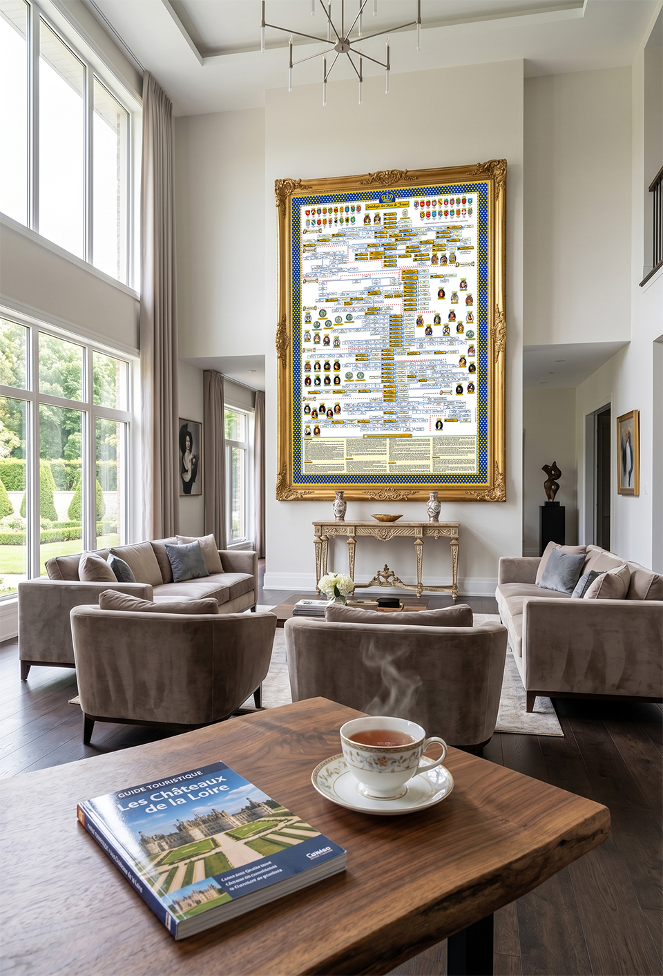 Un-salon-moderne-et-elegant-avec-le-poster-des-rois-de-france-encadre