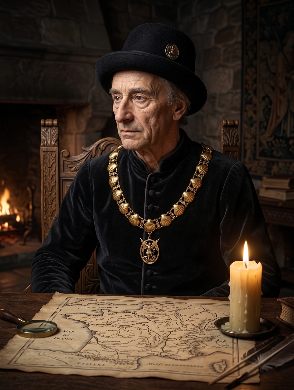 Portrait de Louis XI regardant la carte de France du 15e siecle