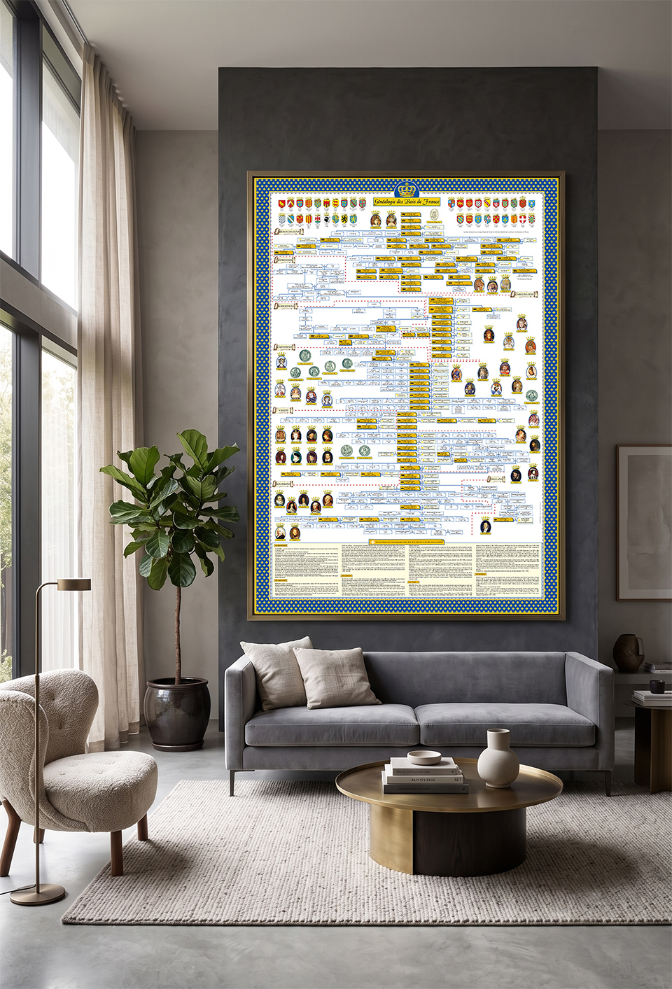 Mise en situation du poster des rois de France dans un salon stylisé