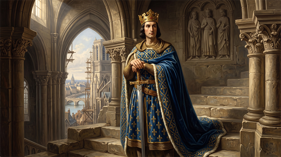 Peinture du roi de France Philippe II Auguste dans laquelle la ville de Paris est en construction