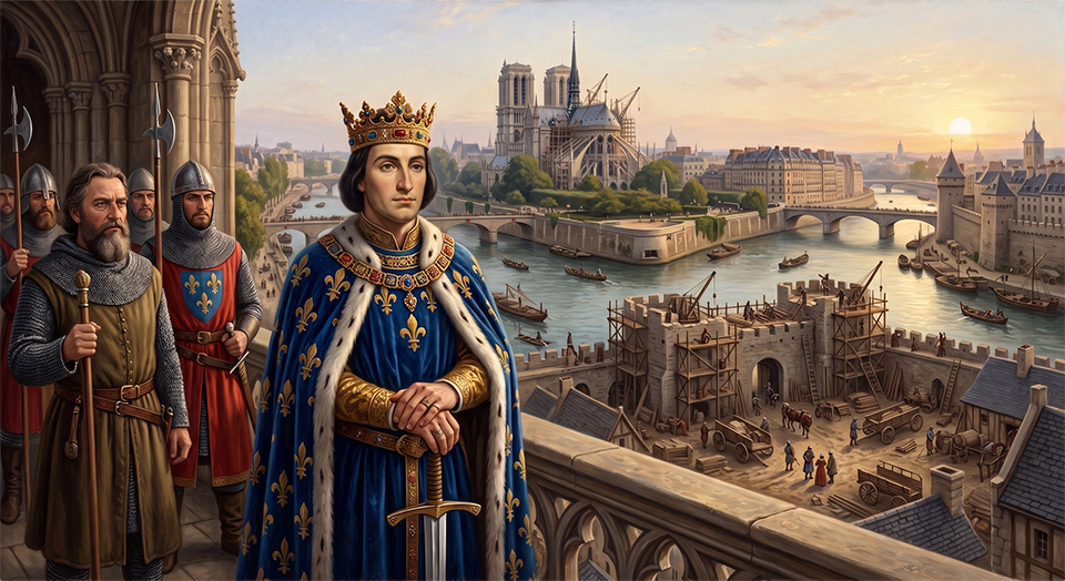 Peinture réaliste de la vue aérienne de la ville de Paris en construction au Moyen Age au XIIIème siècle